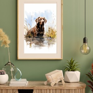 May include: Watercolor painting of a brown Labrador Retriever standing in a body of water with tall grass in the background.