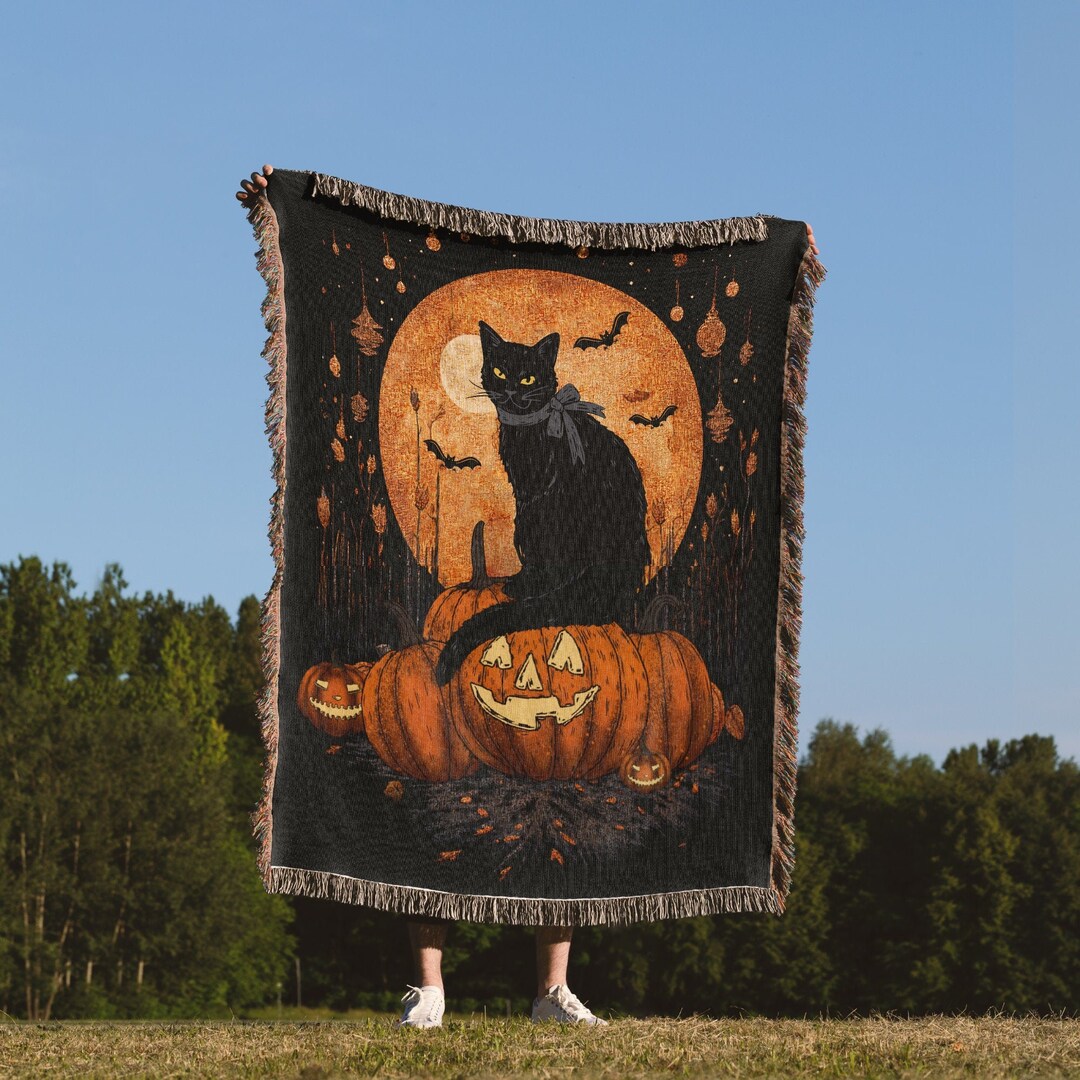 Vintage Halloween Pumpkin Black Cat Woven Throw Blanket - Etsy