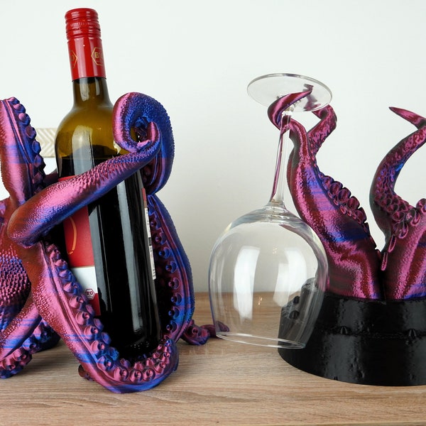 Kraken Set Weinflaschenhalter & Weinglashalter | 3D Druck | Octopus | Restaurant Dekoration | dreifarbig