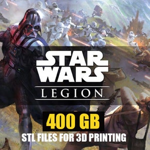 May include: A digital download of 400 GB of STL files for 3D printing of Star Wars Legion miniatures. The image shows a dark-coloured Darth Vader figure and other Star Wars characters.