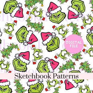 May include: A repeating pattern featuring a green character wearing a red Santa hat, green hands forming a heart shape, and decorated Christmas trees on a white background. A pink circle contains the text DIGITAL FILE and Sketchbook Patterns.