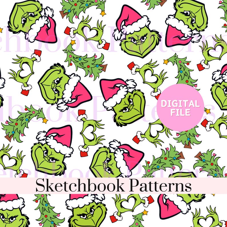 May include: A repeating pattern featuring a green character wearing a red Santa hat, green hands forming a heart shape, and decorated Christmas trees on a white background. A pink circle contains the text DIGITAL FILE and Sketchbook Patterns.
