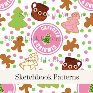 May include: A repeating pattern on a white background featuring brown gingerbread people, green and pink Christmas tree cookies, brown mugs with white flower designs, and pink circles with the text CAFECITO & CRISMIS and a small green tree.