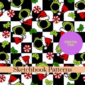 May include: A digital file pattern featuring a black and white checkerboard background with repeating illustrations of green characters wearing red Santa hats, red and white peppermint candies, and small light green bows. Text reads DIGITAL FILE.
