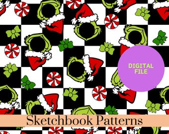 May include: A digital file pattern featuring a black and white checkerboard background with repeating illustrations of green characters wearing red Santa hats, red and white peppermint candies, and small light green bows. Text reads DIGITAL FILE.