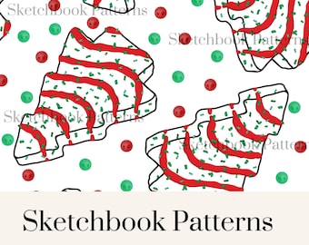 May include: A repeating pattern featuring white Christmas tree-shaped cookies with red icing stripes and green sprinkles, interspersed with red and green circular candies on a white background, with the text Sketchbook Patterns visible.