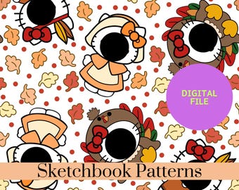 May include: A repeating pattern featuring cartoon cat characters with black circular face cutouts, wearing autumn-themed outfits and bows, interspersed with orange and yellow fall leaves and red dots on a white background, with text DIGITAL FILE.