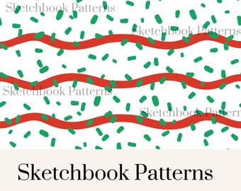 May include: A repeating pattern on a white background featuring horizontal red wavy lines interspersed with small green dashes. The text Sketchbook Patterns appears multiple times across the design and once in a large font at the bottom.