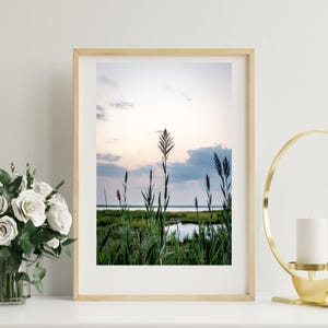 May include: A framed landscape photograph featuring tall grasses in a marsh setting. The image captures a serene scene with a body of water under a cloudy sky. The frame is a light wood color.