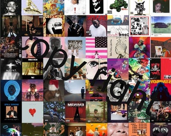 Può includere: Un collage di copertine di album con vari artisti, tra cui un mix di musica hip-hop, pop e rock. Le copertine presentano una varietà di colori, design e tipografia.