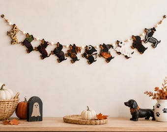 Wooden Dachshund Halloween Garland, Vampire Mummy Ghost Skeleton Weiner Dog Mantel Banner, Dog Lover Gift, Halloween Wall Hanging Decor