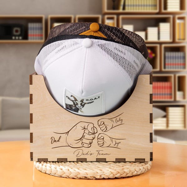 Personalized Wooden Hat Box for Dad, Custom Baseball Cap Organizer, Fathers Day Gift from Kids, Fist Bump Papa Grandpa Hat Rack Display