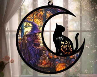 Personalized Cat Memorial Suncatcher, Cat with Name, Loss of Pet Sympathy Gift, Stained Glass Light Catcher, Engraved Cat Lovers Gifts