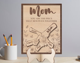 Personalized Mom Puzzle Sign, Personalized Name Mom And Kid Hands Heart, Mother's Day Gift from Kids Husband, Piece That Holds Us Together