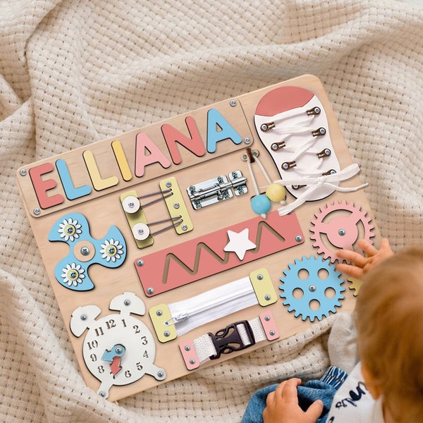 Tableau occupé personnalisé pour tout-petits, cadeaux de Pâques pour baby shower, jouets Montessori en bois, puzzles de noms de bébé, nouveau cadeau de bébé, cadeau d’anniversaire de garçon