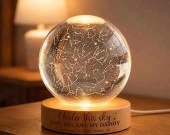 Mapa estelar personalizado por fecha, regalo del Día del Padre, luz de bola de cristal para el cielo nocturno, regalo para papá de parte de su hija o hijo, El día en que te convertiste en mi papá.