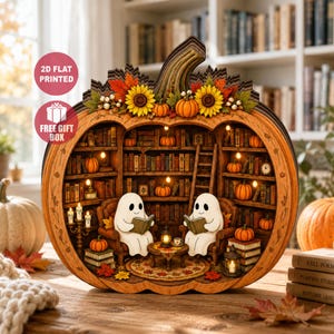Halloween Ghost Reading Book Stack Decor, Spooky Bookshelf Shelf Sitter, Pumpkin Library Ornament, Cozy Autumn Book Lover Gift, Fall Accent