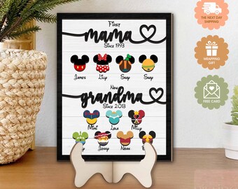 Personalized Disney Mom to Grandma Sign – Custom Wooden Gift with Characters, Mother&#39;s Day or Birthday Gift for Grandma