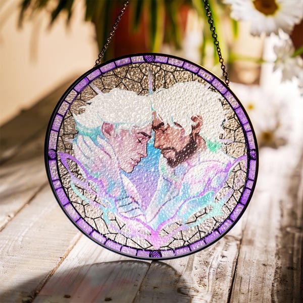 Arte per finestre ispirata a Jayvik Arcane Stained Glass Suncatcher, arte per finestre ispirata a Jinx e Vi, regalo romantico per fan di League of Legends