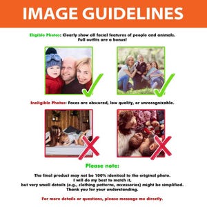 May include: An orange and white graphic with the text "IMAGE GUIDELINES" at the top. Below are examples of eligible and ineligible photos, with checkmarks and X marks. The text explains photo requirements and notes that details may be simplified.