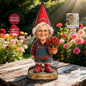 Personalized Grandma Garden Gnome 2D FLAT Wooden Block, Custom Photo and Name Flower Pot, Gift for Grandma, Gardening Decor Keepsake
