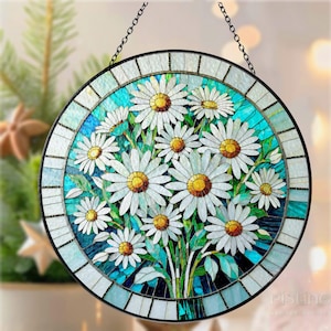 Daisy Flowers Stained Glass Suncatcher - Bright Floral Suncatcher for Home Decor, Daisy April Birth Month Flower Window Hanging Suncatcher