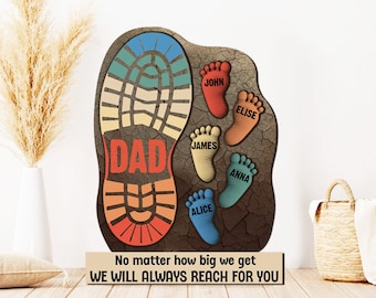 No Matter How Big We Get - Family Footprints, Family Personalized Custom Shaped 2-Layered Wooden Plaque With Stand, Father's Day Gift