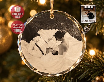 Custom Wedding Ornament Gift For Couple, Personalized Wedding Gift Photo Engraved Glass Ornament,Wedding Keepsake Anniversary Gift For Bride