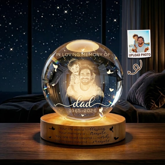 Custom 3D Photo Crystal Ball Light, Loss of Father Gift, Dad Memorial Gift, Sympathy Remembrance Keepsake, First Fathers Day in Heave