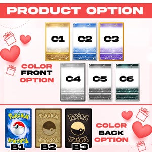 May include: Image showcasing various color options for a product, including front and back designs. The front options are labeled C1-C6, with gold, blue, and purple frames. The back options, labeled B1-B3, feature Pok&eacute;mon card designs.