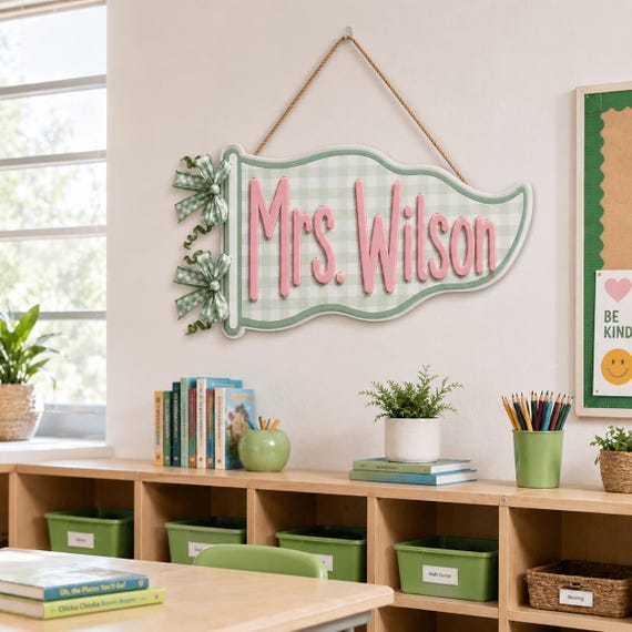 Personalized Teacher Name Sign, Custom Acrylic Classroom Magnet, Teacher Desk Decor, Gingham Pennant Nameplate, Back to School Gift