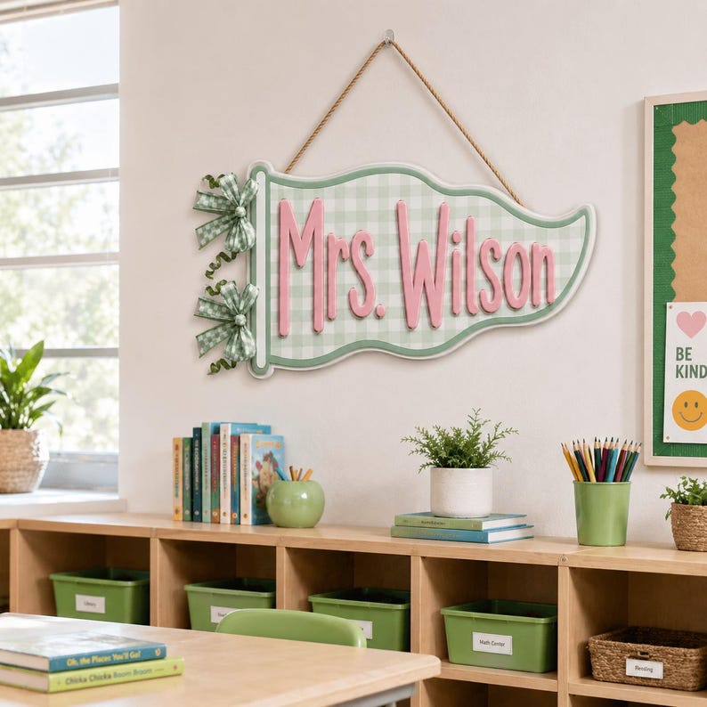 Personalized Teacher Name Sign, Custom Acrylic Classroom Magnet, Teacher Desk Decor, Gingham Pennant Nameplate, Back to School Gift 3