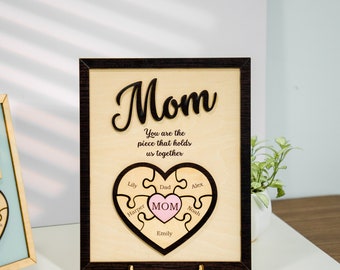 Custom Mom Puzzle Sign, Love Heart Engraved, Puzzle Piece Mom, Gift For Mom, Mom Wood Sign, Family Puzzle Sign, Gifts From Kids MS02