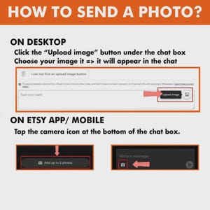 May include: An instructional graphic with the title "HOW TO SEND A PHOTO?" shows how to upload images on Etsy. Instructions are provided for desktop and mobile users, with screenshots and arrows pointing to the relevant buttons. The desktop section highlights the "Upload image" button.