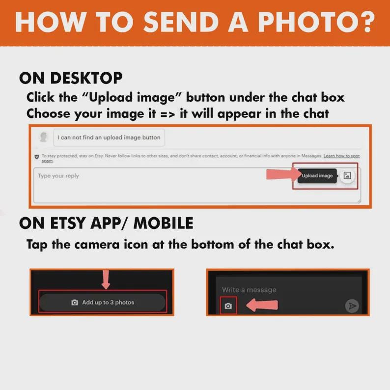 May include: An instructional graphic with the title "HOW TO SEND A PHOTO?" shows how to upload images on Etsy. Instructions are provided for desktop and mobile users, with screenshots and arrows pointing to the relevant buttons. The desktop section highlights the "Upload image" button.