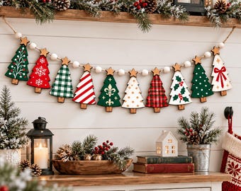 Christmas Tree Wooden Garland, Rustic Farmhouse Mantel Decor, Holiday Tree Bunting, Gingham Tartan Christmas Banner