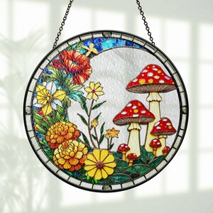 Mushroom Suncatcher, Stained Glass Mushrooms Cottagecore Home Decor, Birthday Gift For Her Mom Grandma, Fly Mushroom Moon Window Hanging Art