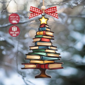 クリスマスブックツリーサンキャッチャーオーナメント、本のギフト、本好きへのギフト、クリスマスツリーの読書好きへのギフト、司書へのギフト、交換ギフト
