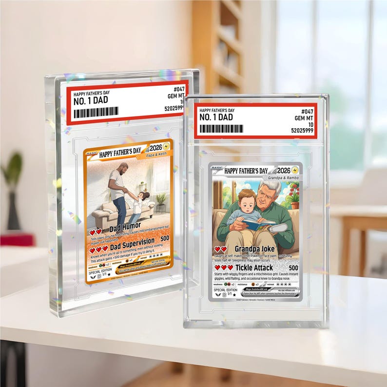 May include: Two encased trading cards with "HAPPY FATHER'S DAY" and "NO. 1 DAD" labels. One card features a father and child, the other a grandfather and child. The cards have humorous themes and are labeled "SPECIAL EDITION".