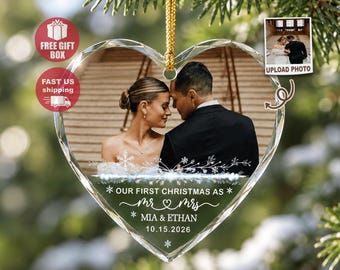 Personalized Our First Christmas Married Ornament, Custom Wedding Photo Ornament, Wedding Gift for Newlyweds, Mr and Mrs Ornament
