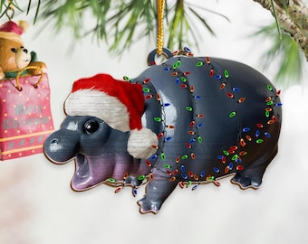 Cute Baby Hippo Moo Deng 2D Flat Ornament, Moo Deng Ornament, Hippo Christmas Ornament, Hippo Rearview Mirror Car Accessories, Pygmy Hippo