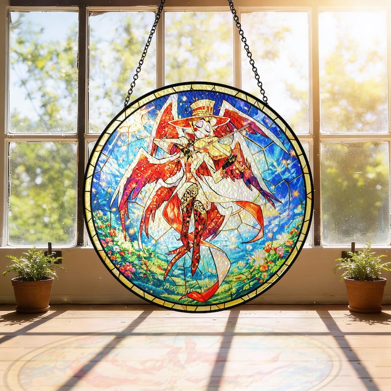 May include: A round stained glass window featuring a colorful anime-style character with red wings, a hat, and a white coat. The artwork is set against a blue sky with stars and flowers, framed by a black metal border and hanging from a chain.