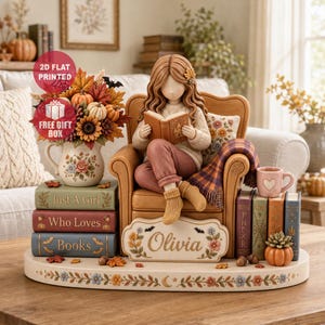 Personalized Girl Reading Book Wood Sign, Custom Girl Figurine Book Stack Shelf Display, Gift For Book Lover, Library Gift,  Bookworm Decor