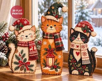 Vintage Wooden Christmas Cat Block, 2D Flat Farmhouse Tiered Tray Decor, Santa Hat Kitty Table Ornament, Secret Santa Gift For Cat Lover