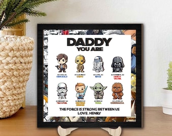 Spersonalizowana ramka z Chibi Star Wars dla taty, drewniany znak na Dzień Ojca z uroczymi postaciami, spersonalizowany prezent od dziecka, prezent Star Wars dla geekowego taty