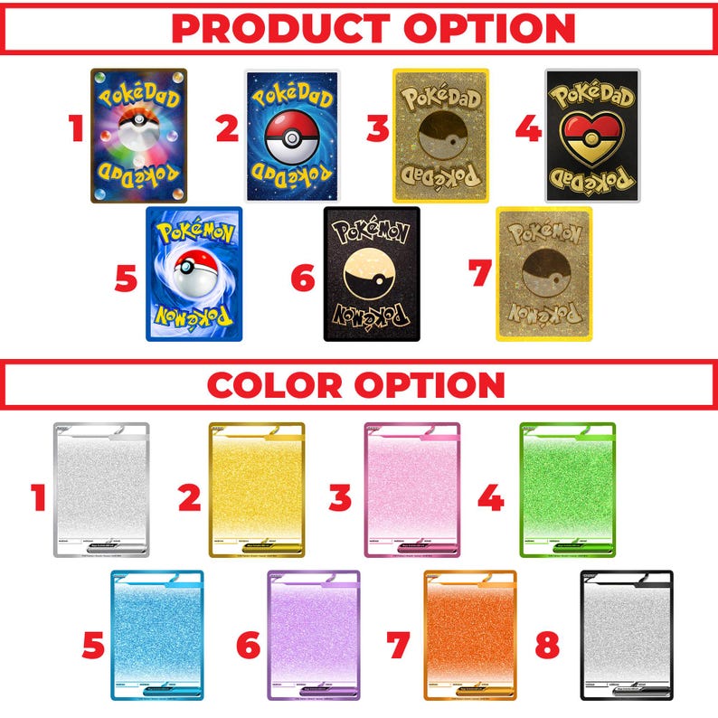 May include: Image showcasing various Pok&eacute;mon trading cards and card sleeves. The "Product Option" section displays different card designs, including "PokeDad" and Pok&eacute;mon-themed cards. The "Color Option" section presents card sleeves in various colors.