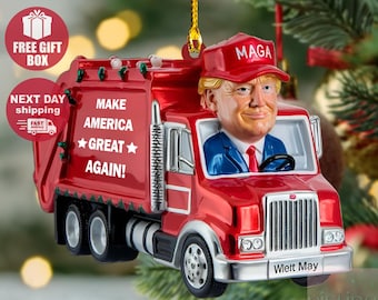 Personalized Trump Make America Great Again 2025 Garbage Truck 2D Flat Ornament, Trump Truck Ornament, Donald Trump Boards A Garbage Truck