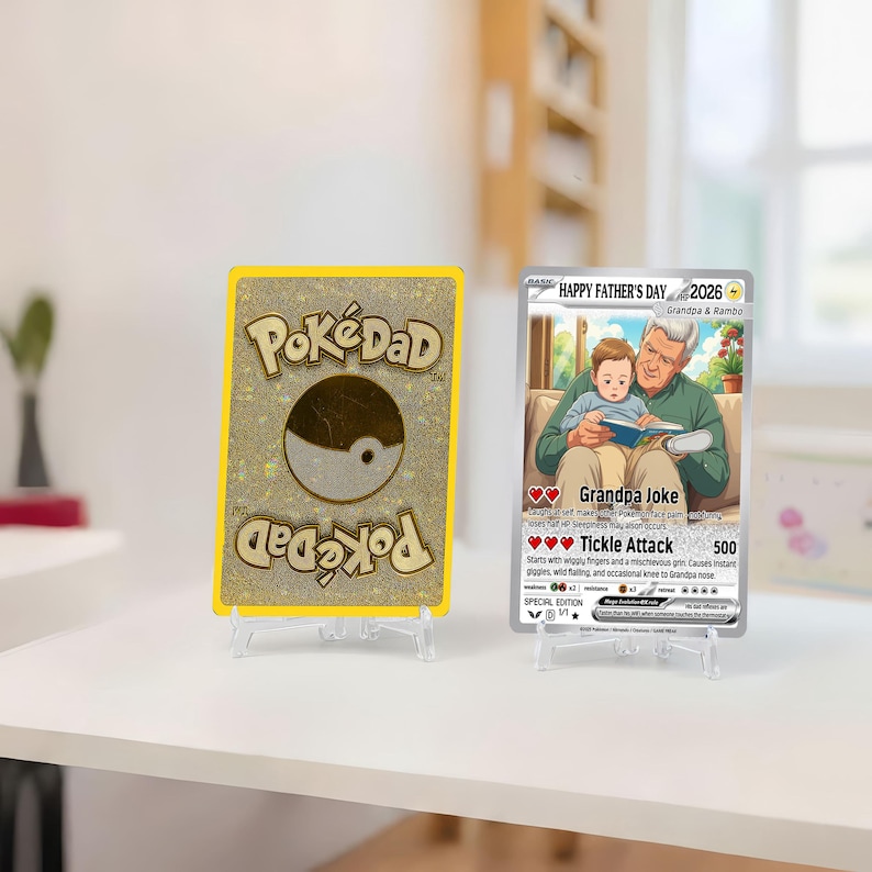 May include: Two collectible cards on clear stands. One card has "PokeDad" text and a yin-yang symbol. The other card says "Happy Father's Day 2026" and features an illustration of a grandfather and child reading.
