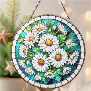 Daisy Flowers Stained Glass Suncatcher, Bright Floral Suncatcher for Home Decor, Daisy April Birth Month Flower Window Hanging Suncatcher