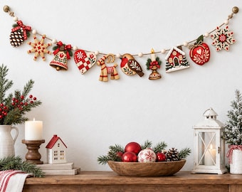 Scandinavian Christmas Wooden Garland, Nordic Folk Art Ornament Banner, Rustic Christmas Wall Hanging, Red Green Holiday Mantel Decor